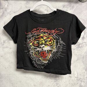 Ed Hardy Womens Juniors Top Black Short Sleeve Crop Y2K Grunge Size M Shirt